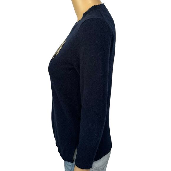 J. Crew Everyday Pure Cashmere Crewneck Sweater with Leopard Heart Blue Size S - Picture 6 of 12